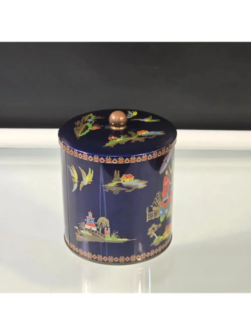 Vintage Daher Design Candy Biscuit Tin Made in England Navy Blue Asian Themed